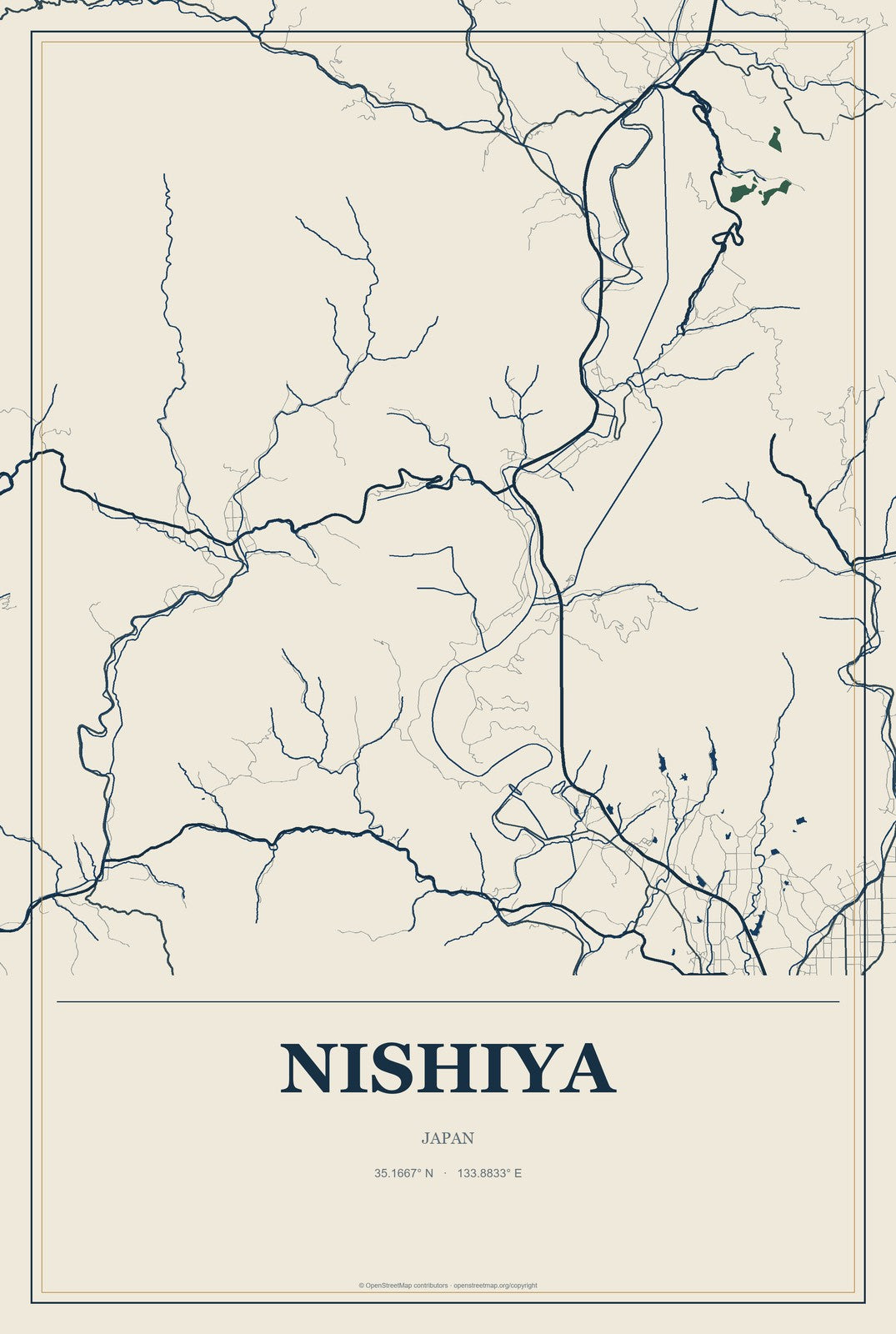 Nishiya, Japan City Map Aluminum Sign in Coastal Cutout style