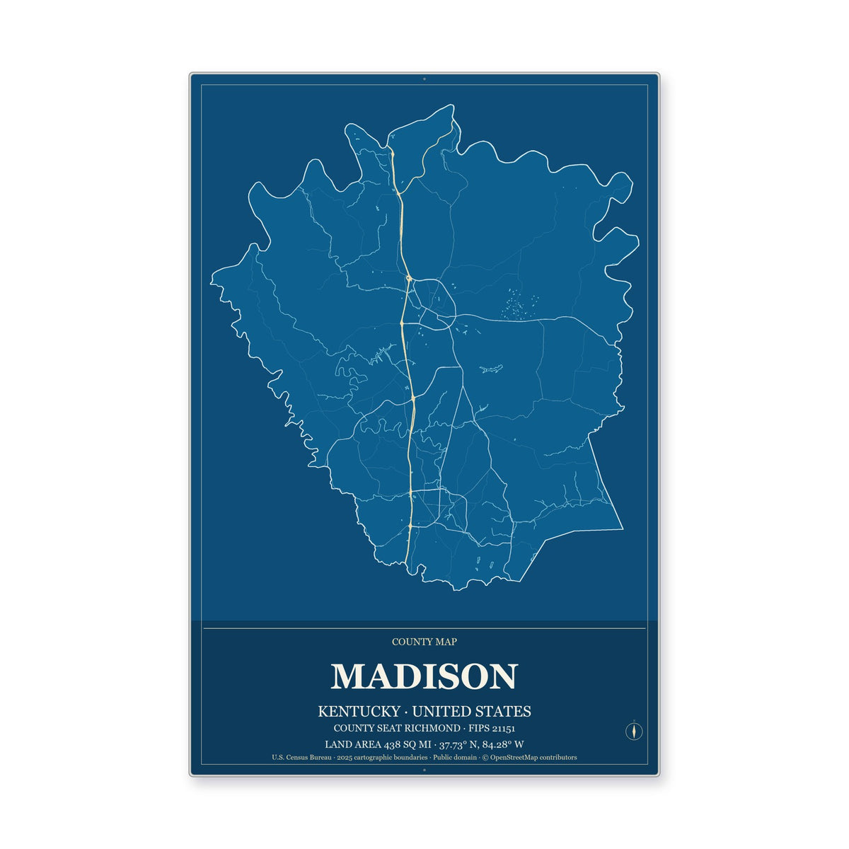 Madison County, Kentucky Map Aluminum Sign in Harbor Cobalt style