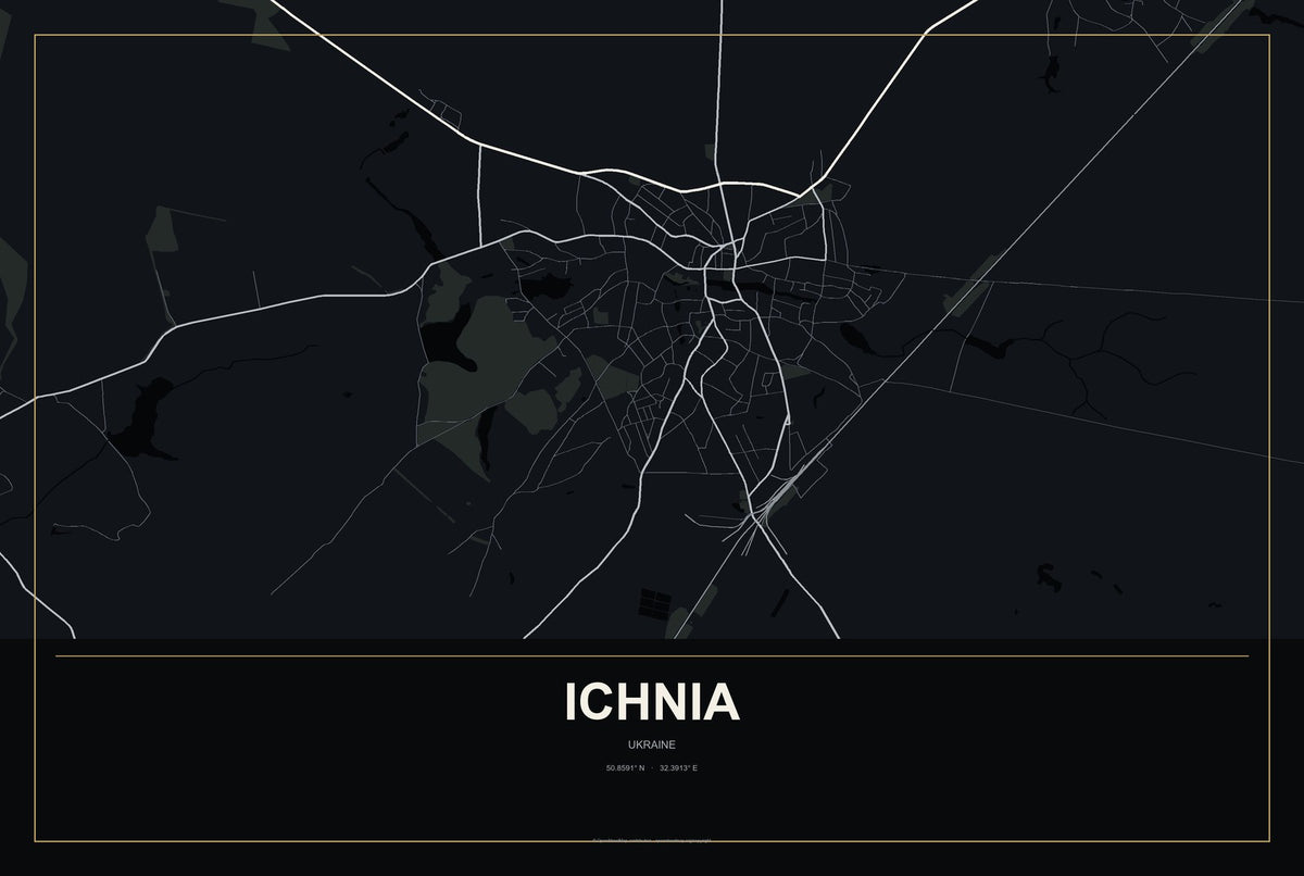 Ichnia, Ukraine City Map Aluminum Sign in Metropolitan Noir style