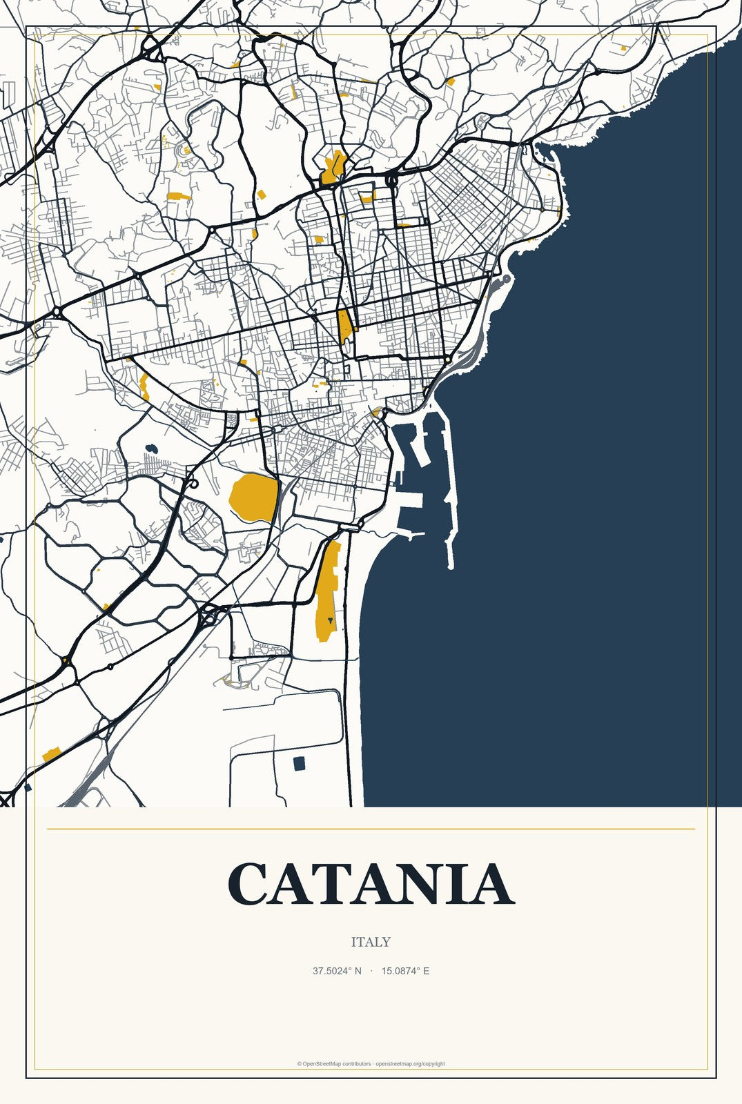 Catania, Italy City Map Aluminum Sign in Citrine Modern style