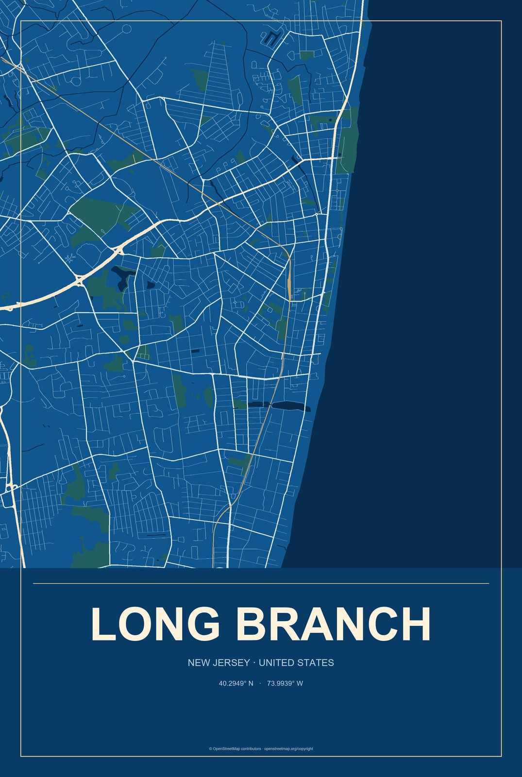 Long Branch, New Jersey City Map Aluminum Sign in Harbor Cobalt style
