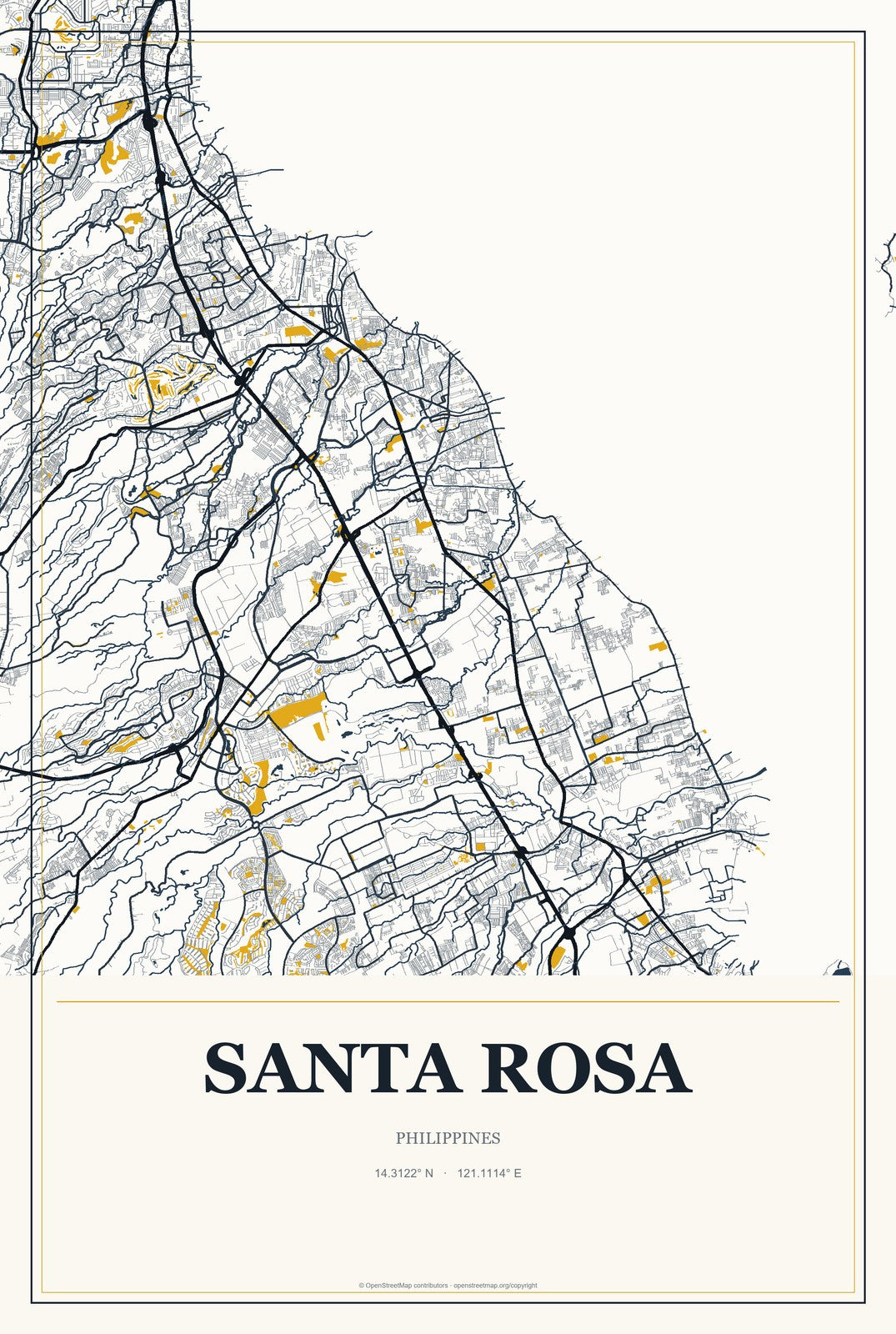 Santa Rosa, Central Luzon, Philippines City Map Aluminum Sign in Citrine Modern style
