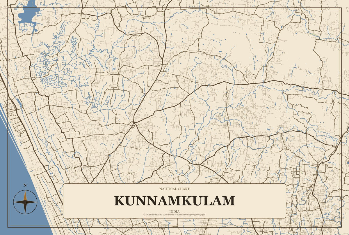 Kunnamkulam, India City Map Aluminum Sign in Heritage Nautical style