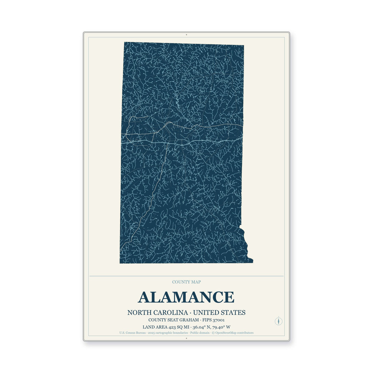 Alamance County, North Carolina Map Aluminum Sign in Coastal Cutout style