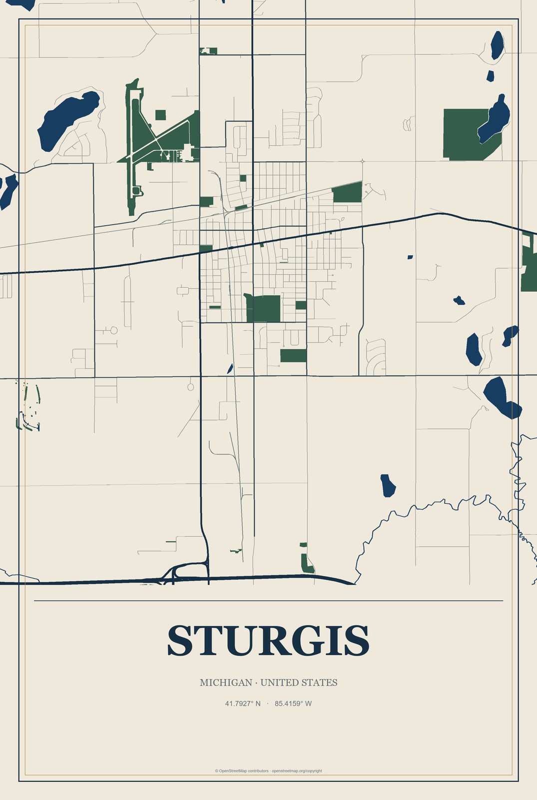 Sturgis, Michigan City Map Aluminum Sign in Coastal Cutout style