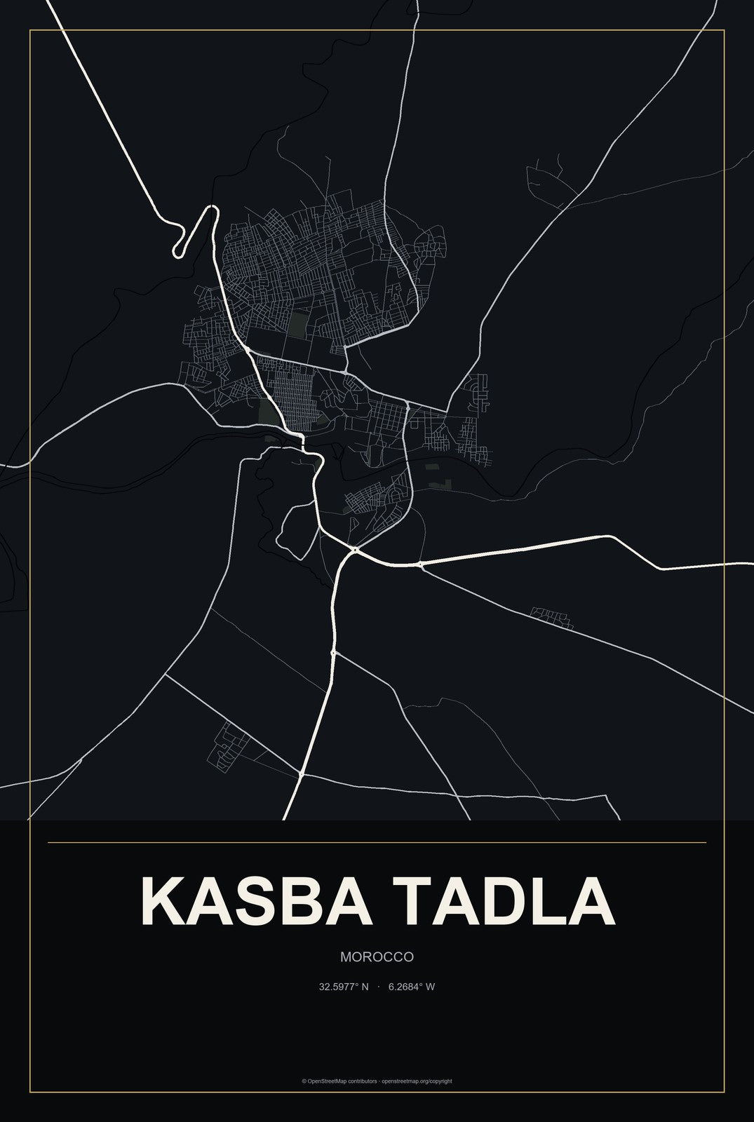 Kasba Tadla, Morocco City Map Aluminum Sign in Metropolitan Noir style