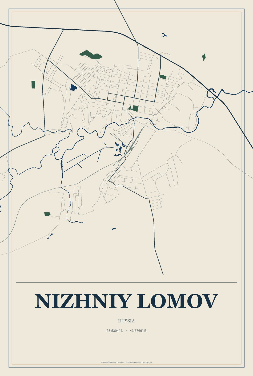 Nizhniy Lomov, Russia City Map Aluminum Sign in Coastal Cutout style