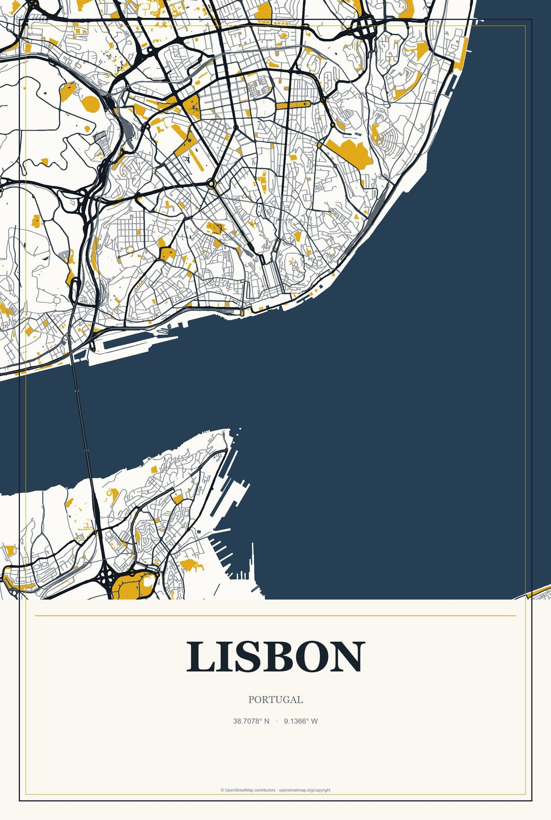 Lisbon, Portugal City Map Aluminum Sign in Citrine Modern style