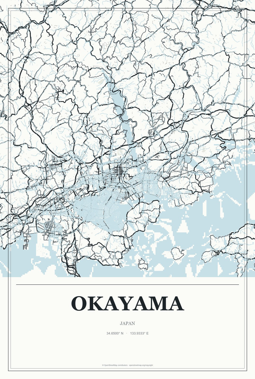 Okayama, Japan City Map Aluminum Sign in Gallery Air style