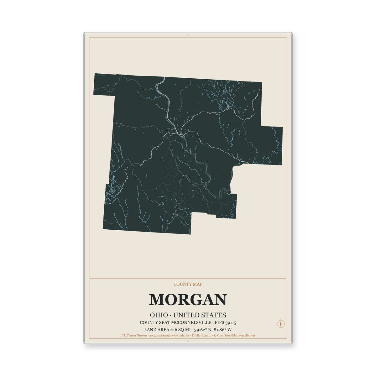 Morgan County, Ohio Map Aluminum Sign in Headline Atlas style