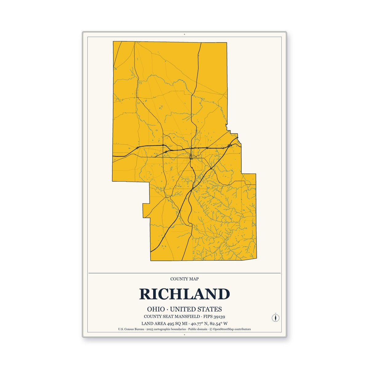 Richland County, Ohio Map Aluminum Sign in Citrine Modern style