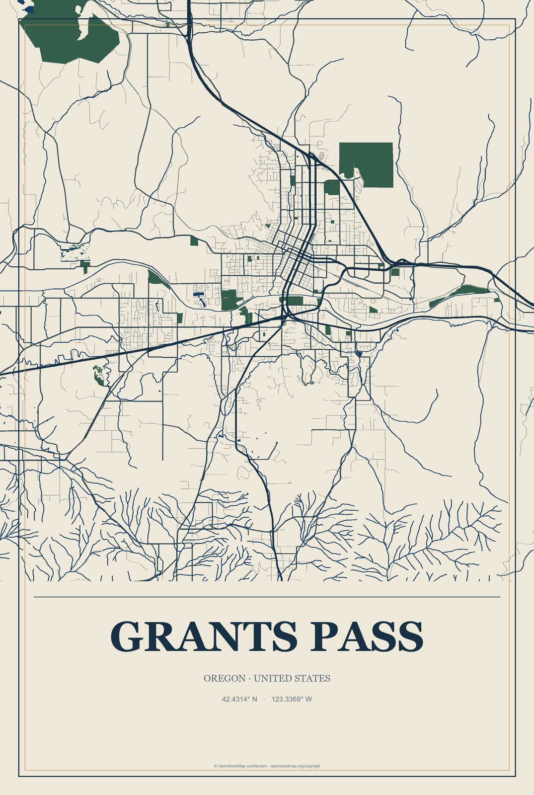 Grants Pass, Oregon City Map Aluminum Sign in Coastal Cutout style