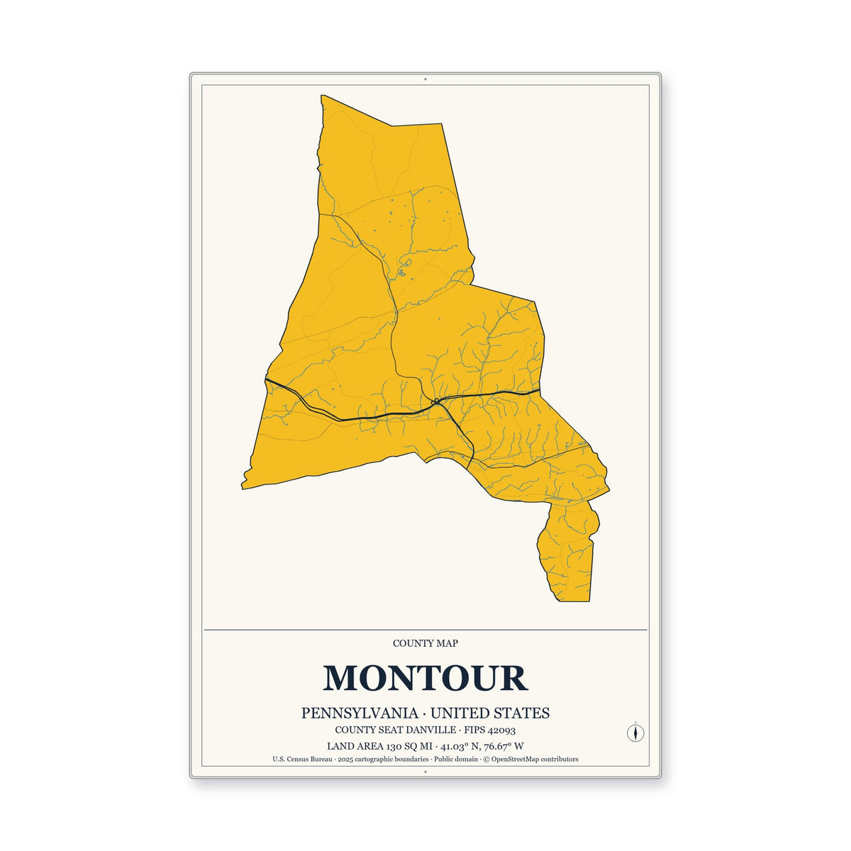Montour County, Pennsylvania Map Aluminum Sign in Citrine Modern style