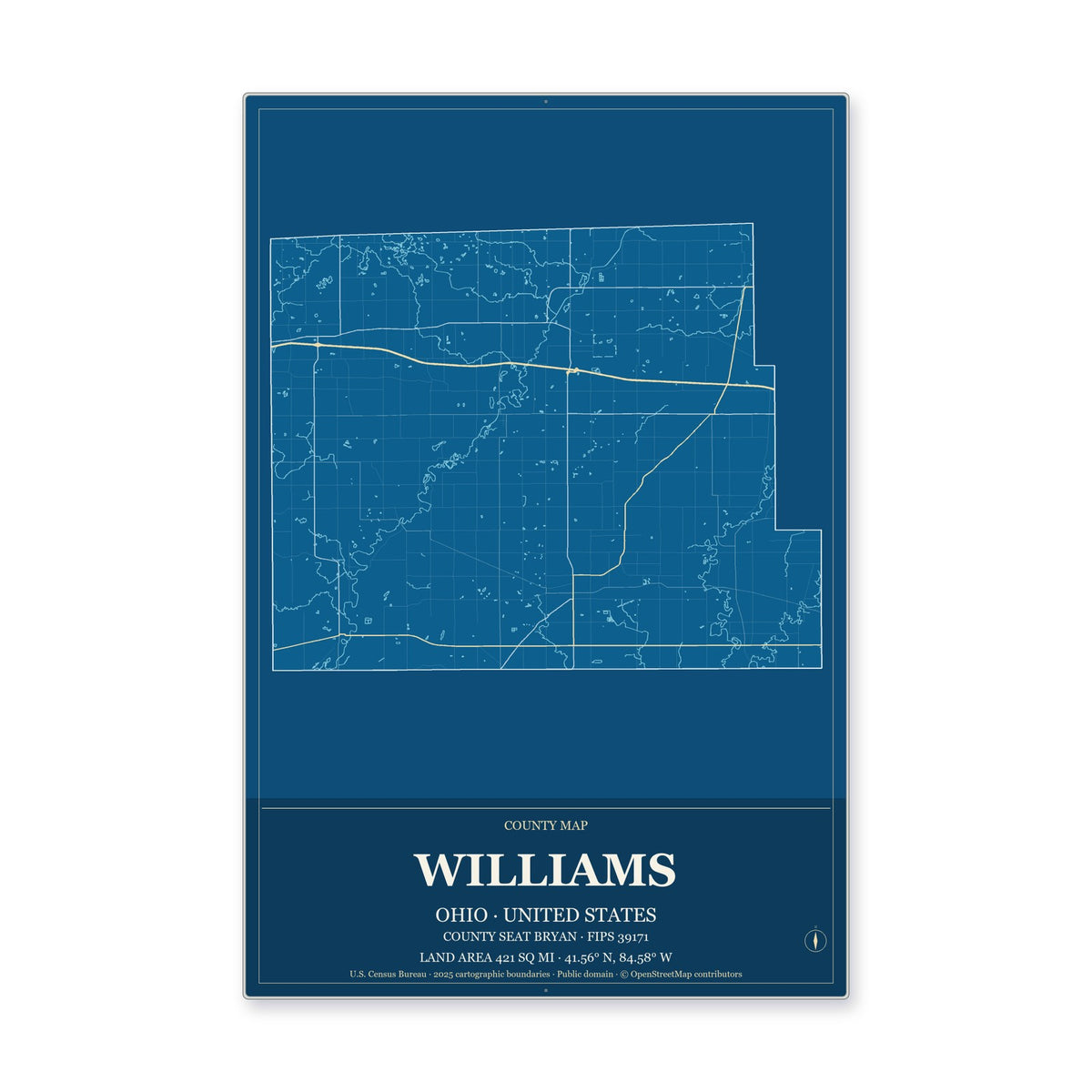 Williams County, Ohio Map Aluminum Sign in Harbor Cobalt style