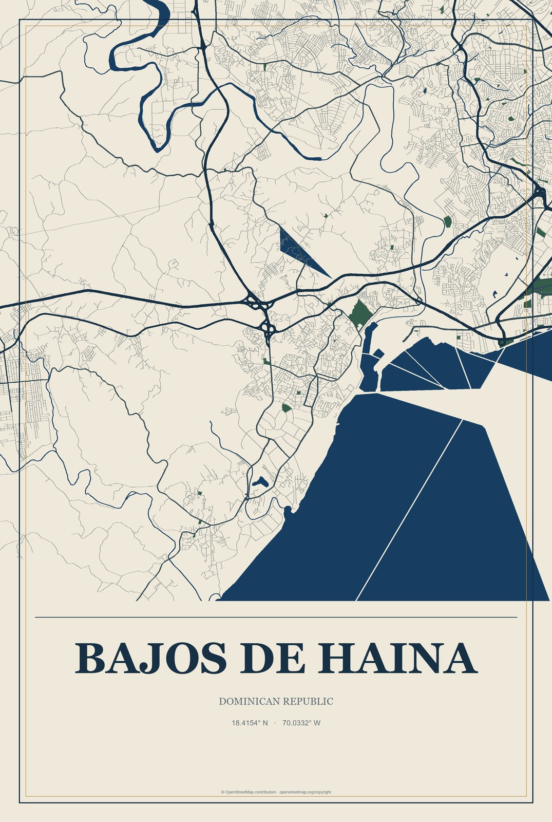 Bajos de Haina, Dominican Republic City Map Aluminum Sign in Coastal Cutout style