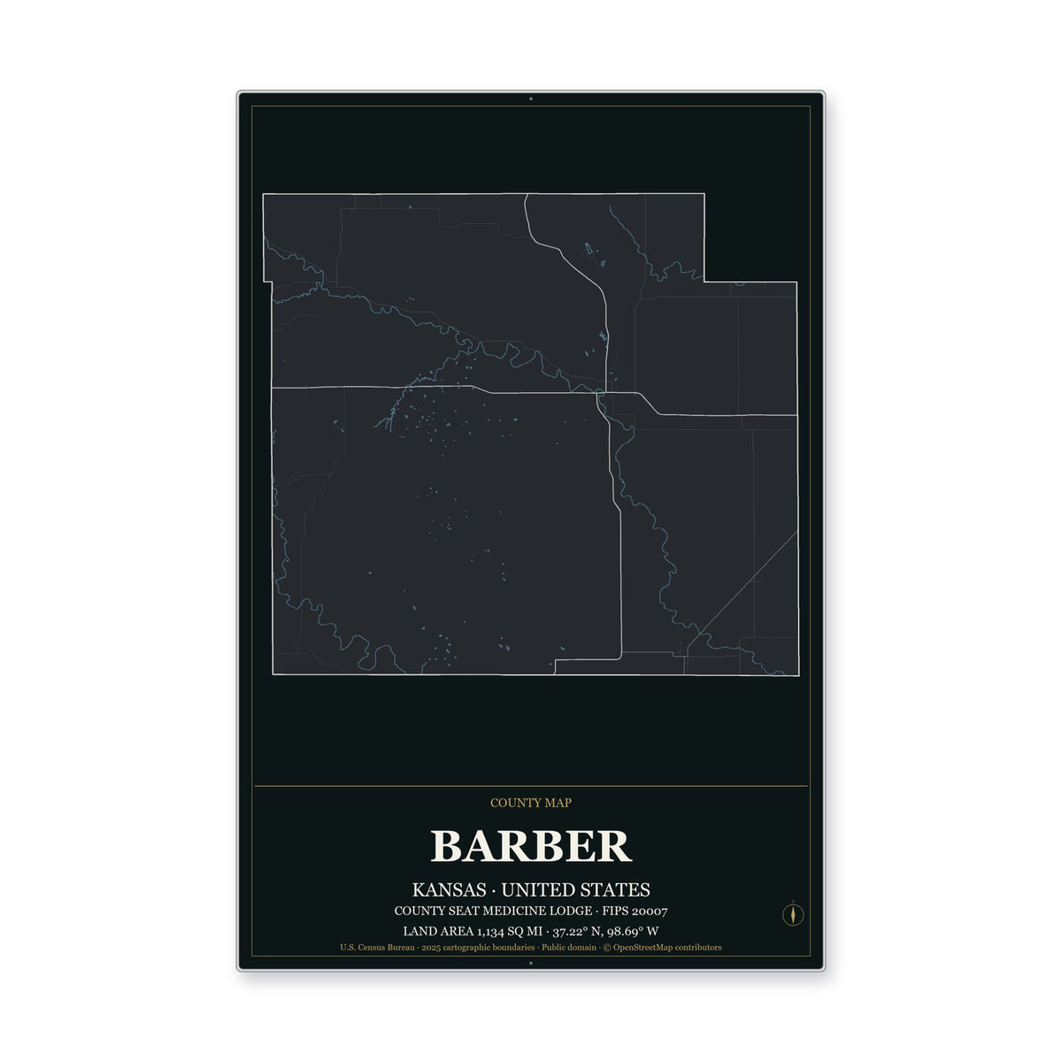 Barber County, Kansas Map Aluminum Sign in Metropolitan Noir style