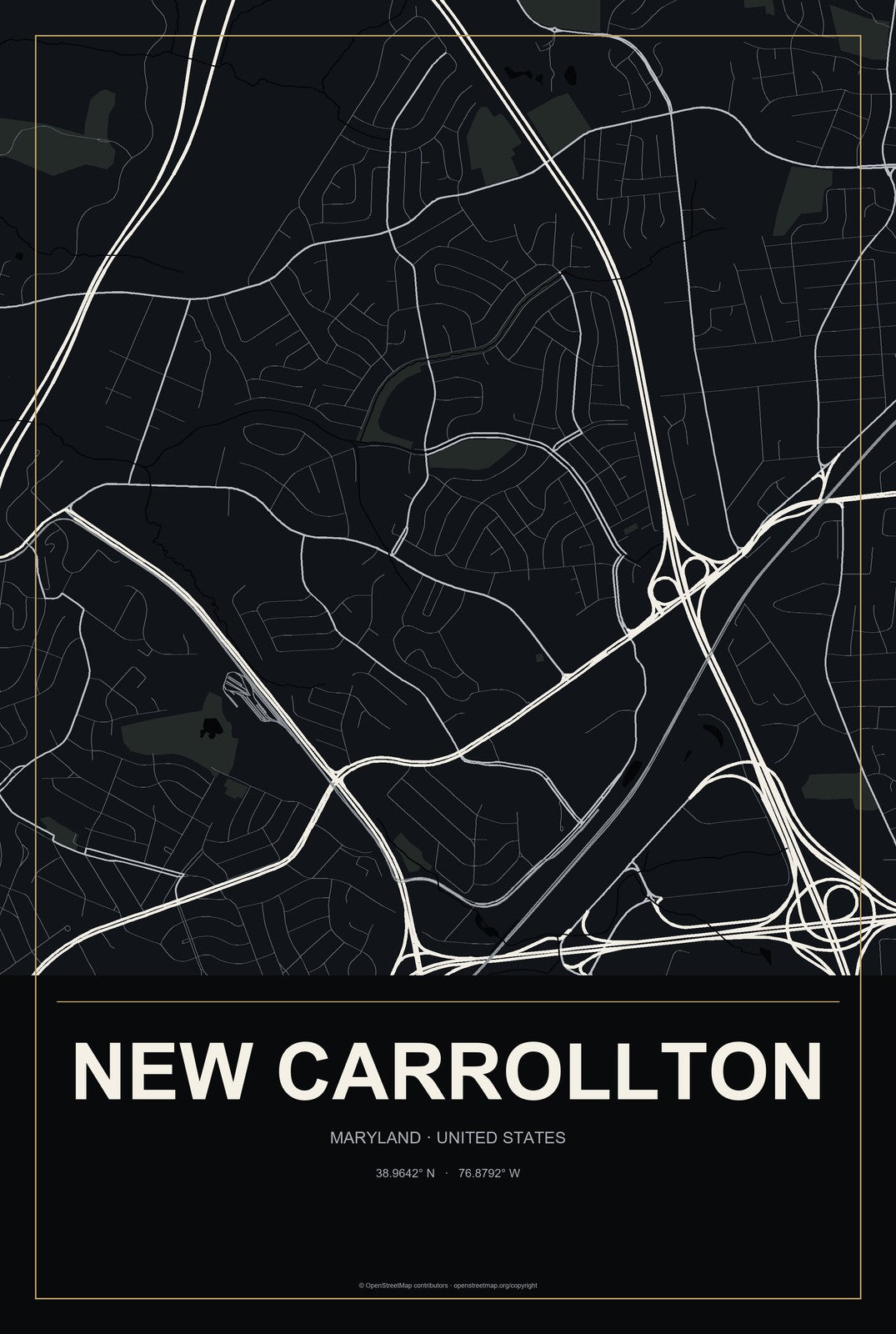 New Carrollton, Maryland City Map Aluminum Sign in Metropolitan Noir style