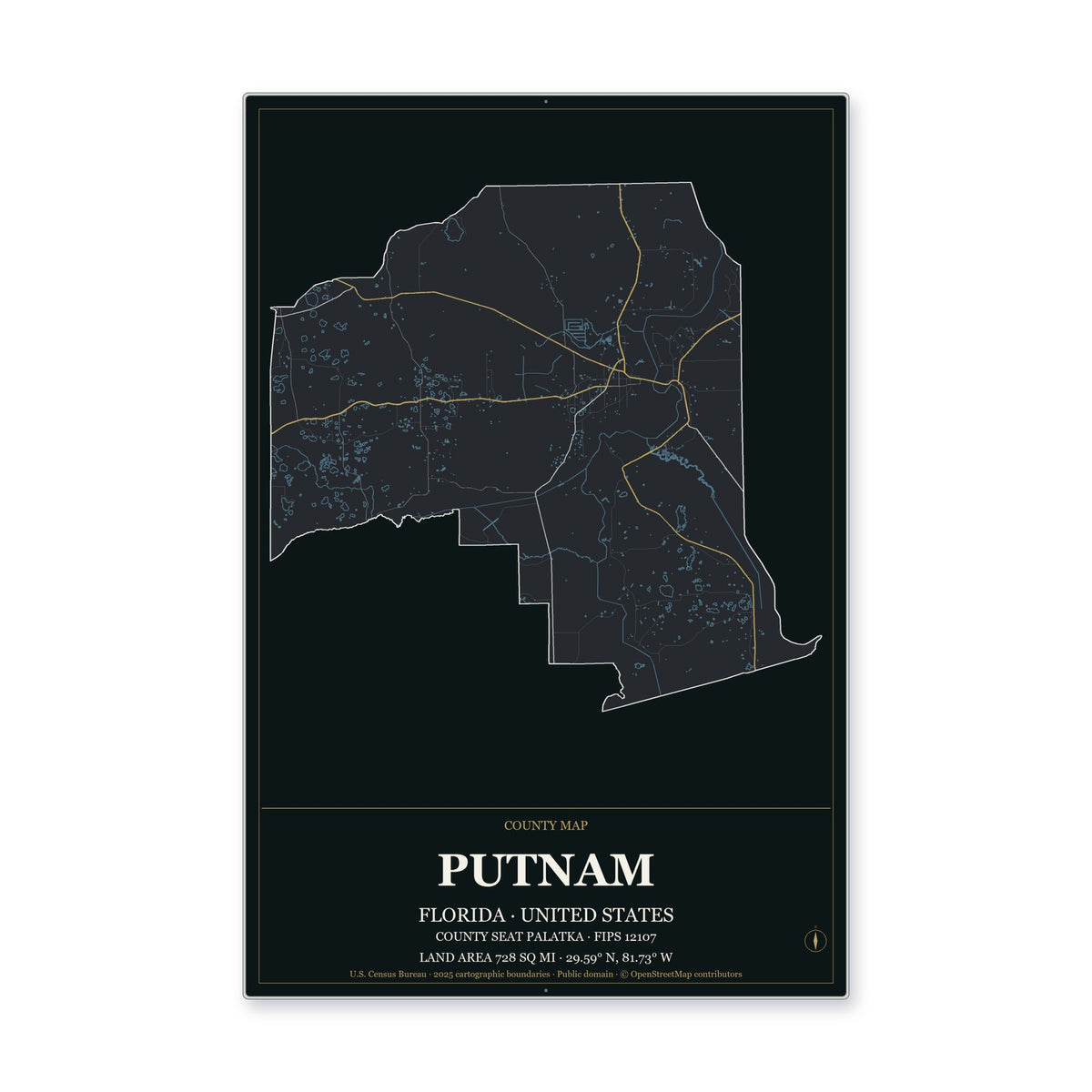 Putnam County, Florida Map Aluminum Sign in Metropolitan Noir style