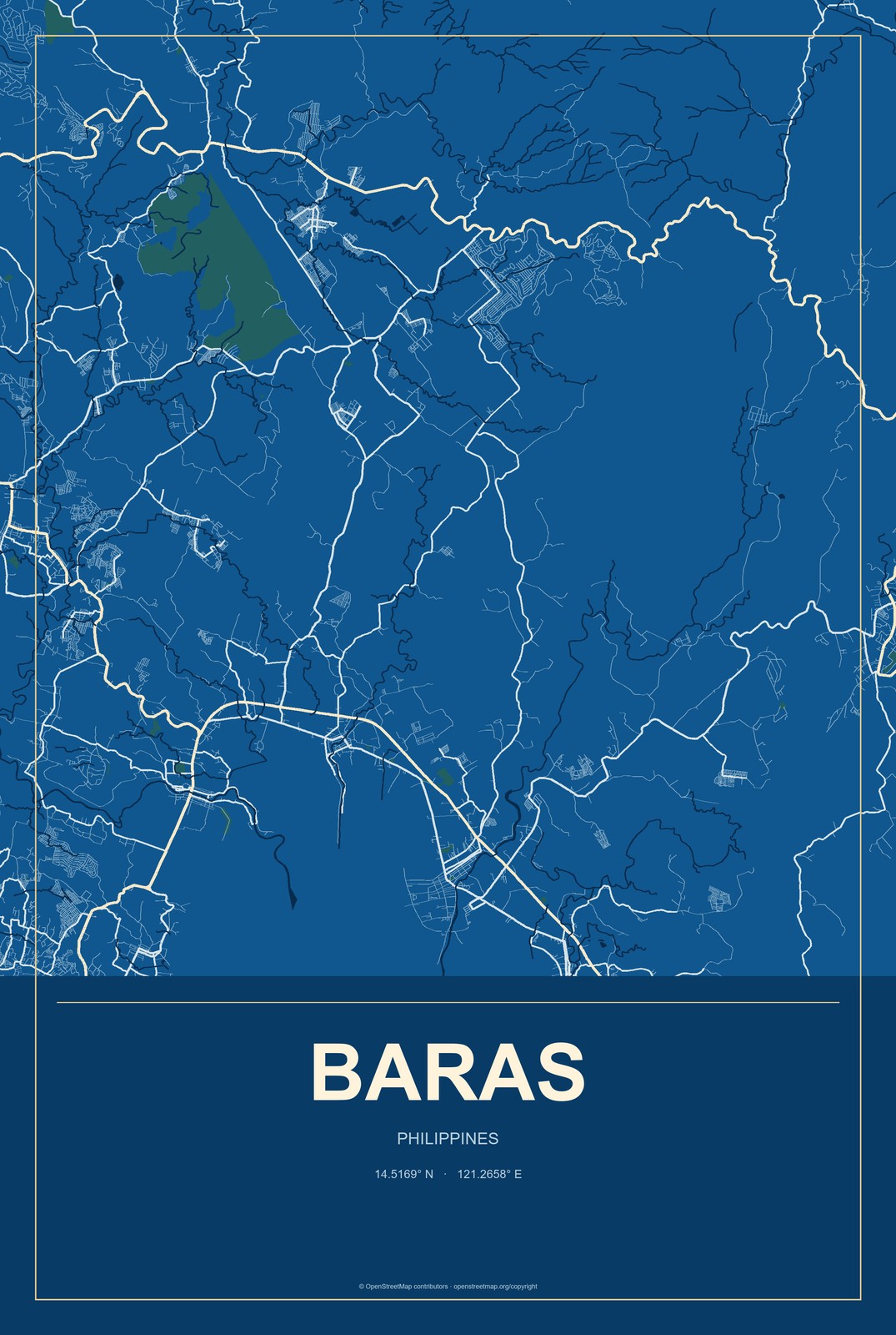 Baras, Philippines City Map Aluminum Sign in Harbor Cobalt style