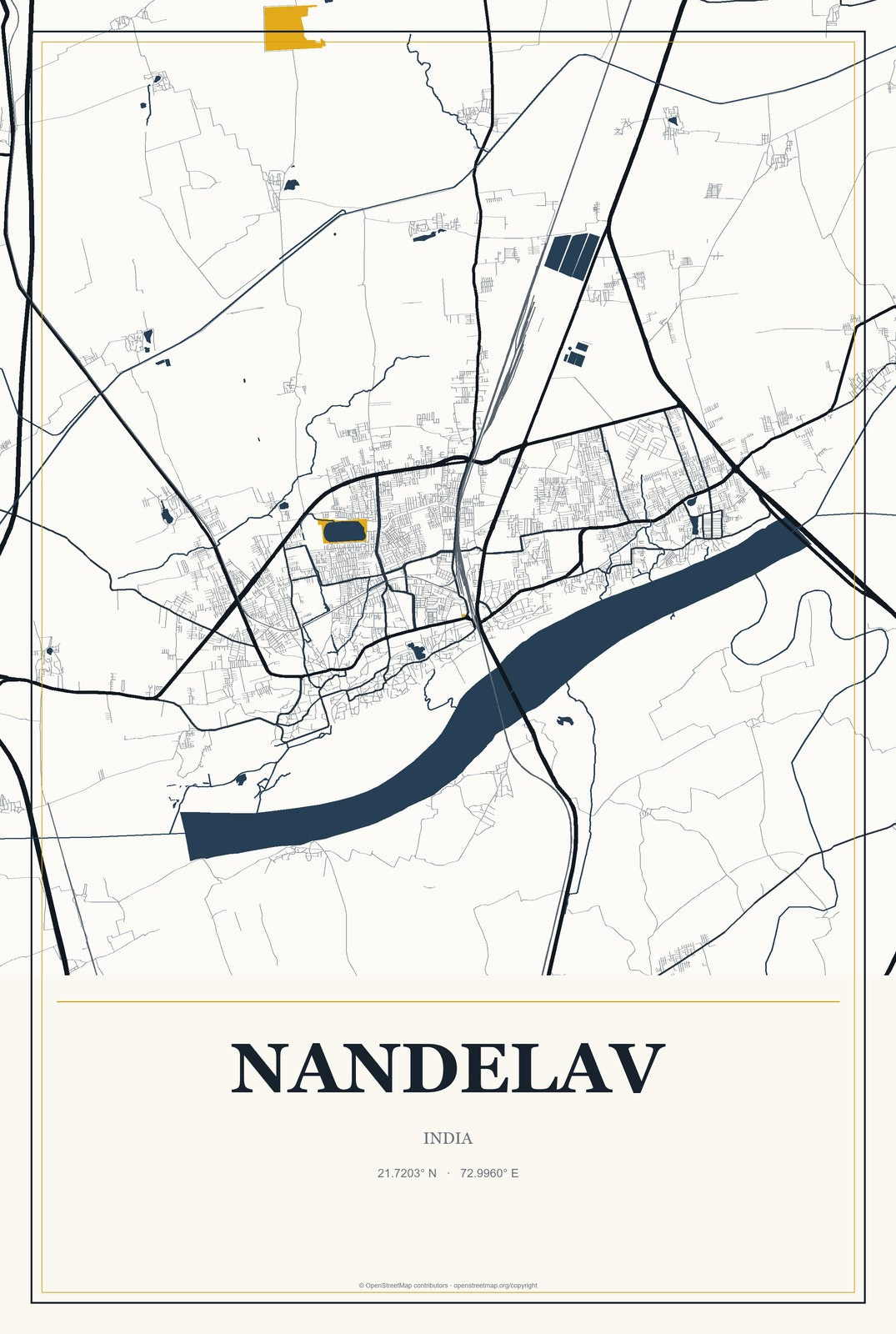 Nandelav, India City Map Aluminum Sign in Citrine Modern style
