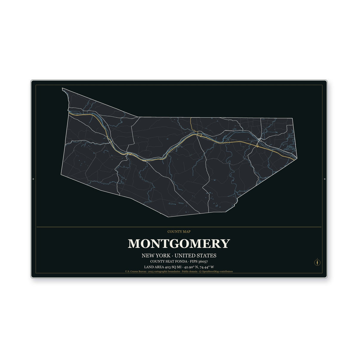 Montgomery County, New York Map Aluminum Sign in Metropolitan Noir style