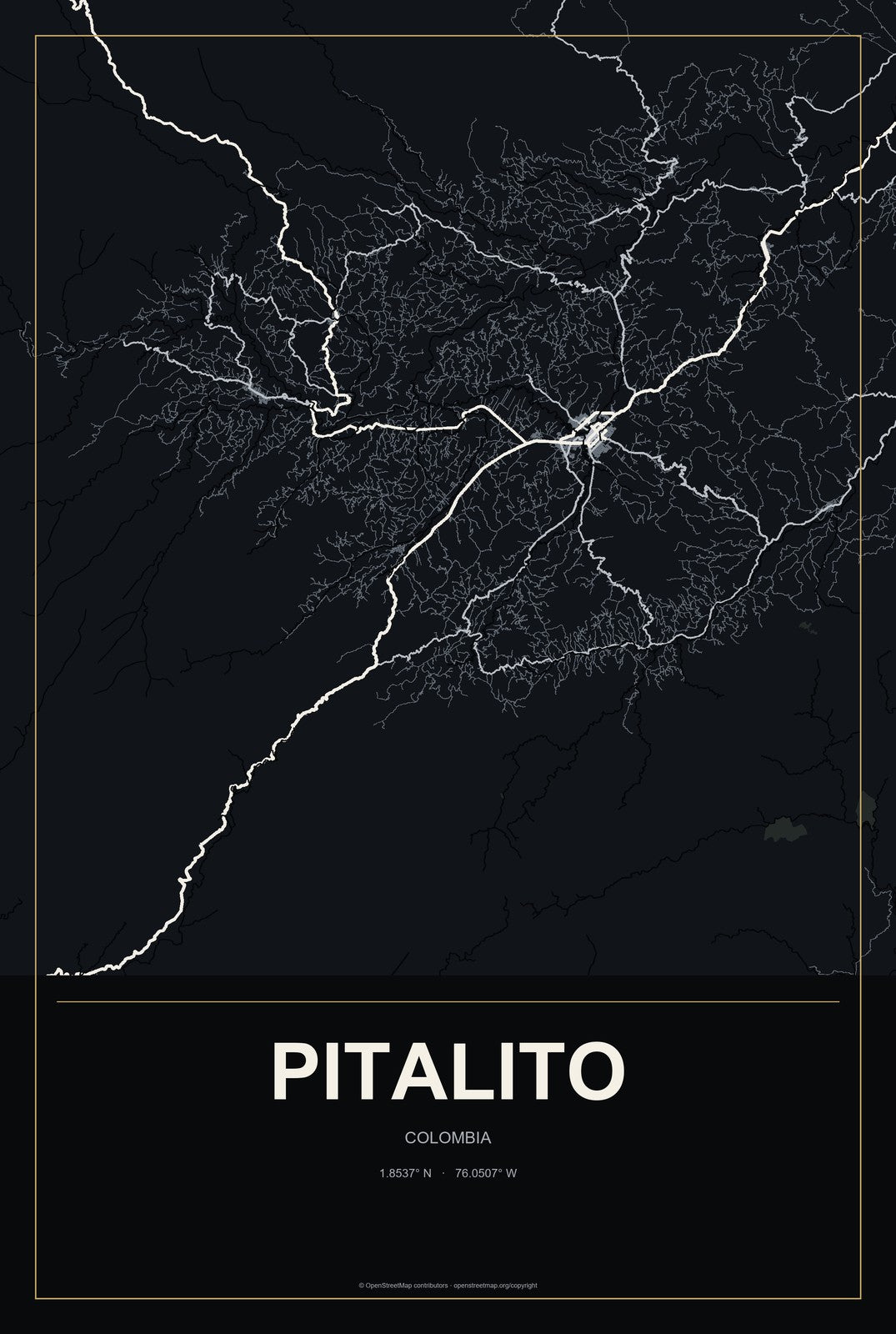 Pitalito, Colombia City Map Aluminum Sign in Metropolitan Noir style