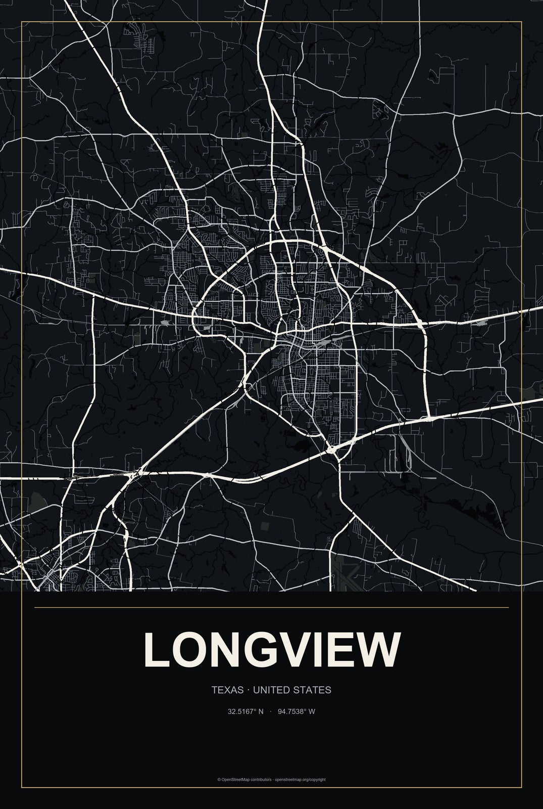 Longview, Texas City Map Aluminum Sign in Metropolitan Noir style