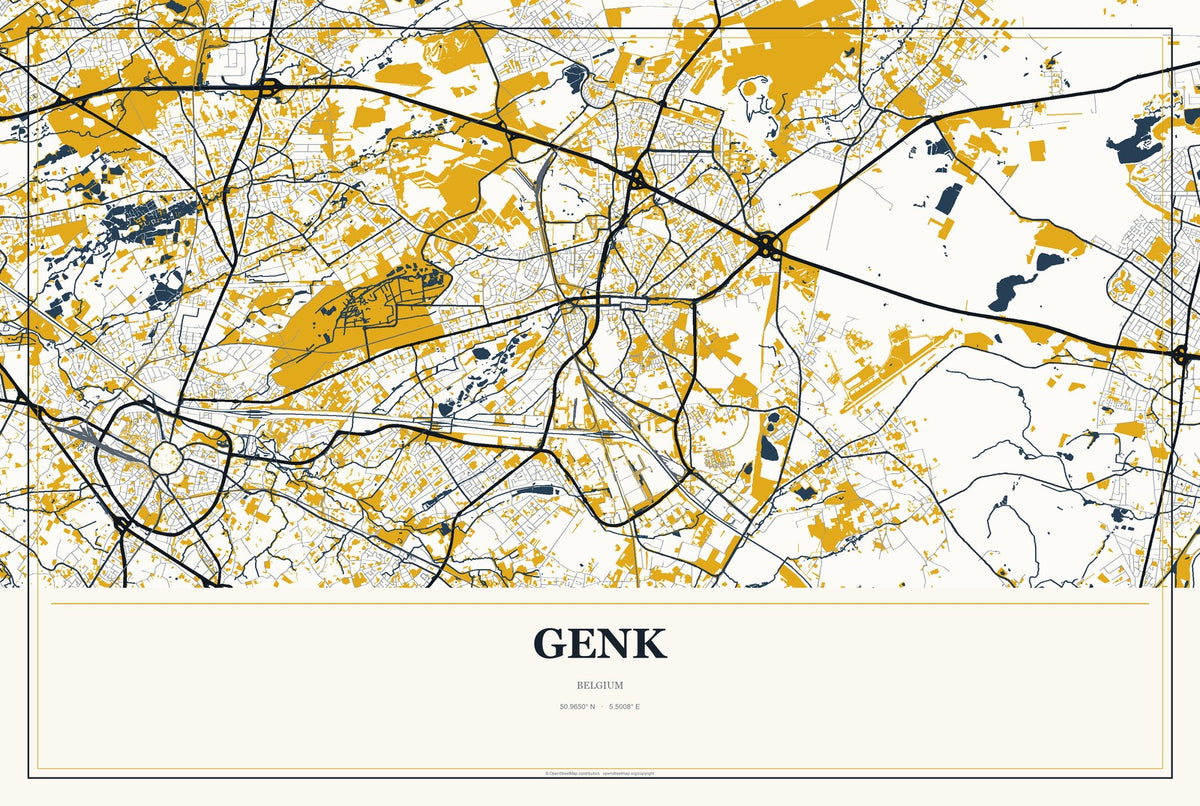 Genk, Belgium City Map Aluminum Sign in Citrine Modern style