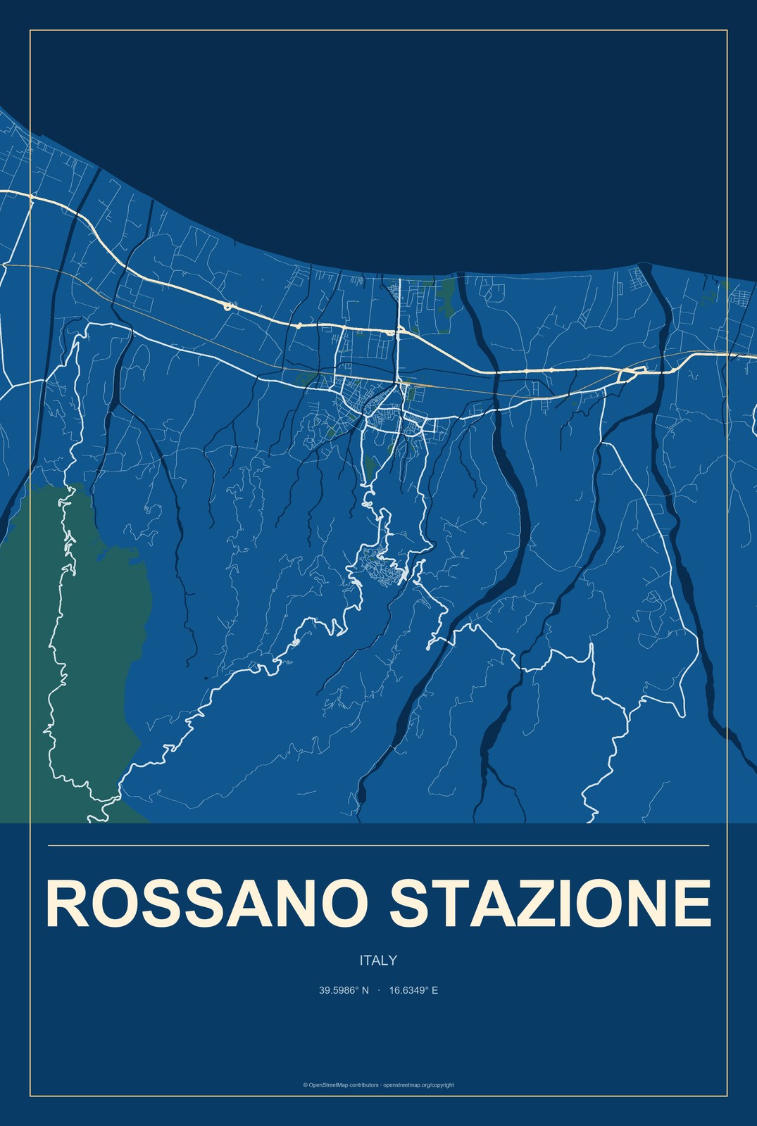 Rossano Stazione, Italy City Map Aluminum Sign in Harbor Cobalt style