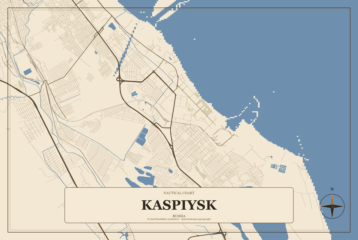 Kaspiysk, Russia City Map Aluminum Sign in Heritage Nautical style