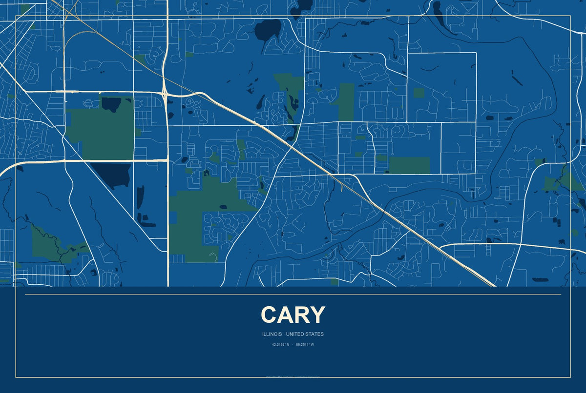Cary, Illinois City Map Aluminum Sign in Harbor Cobalt style