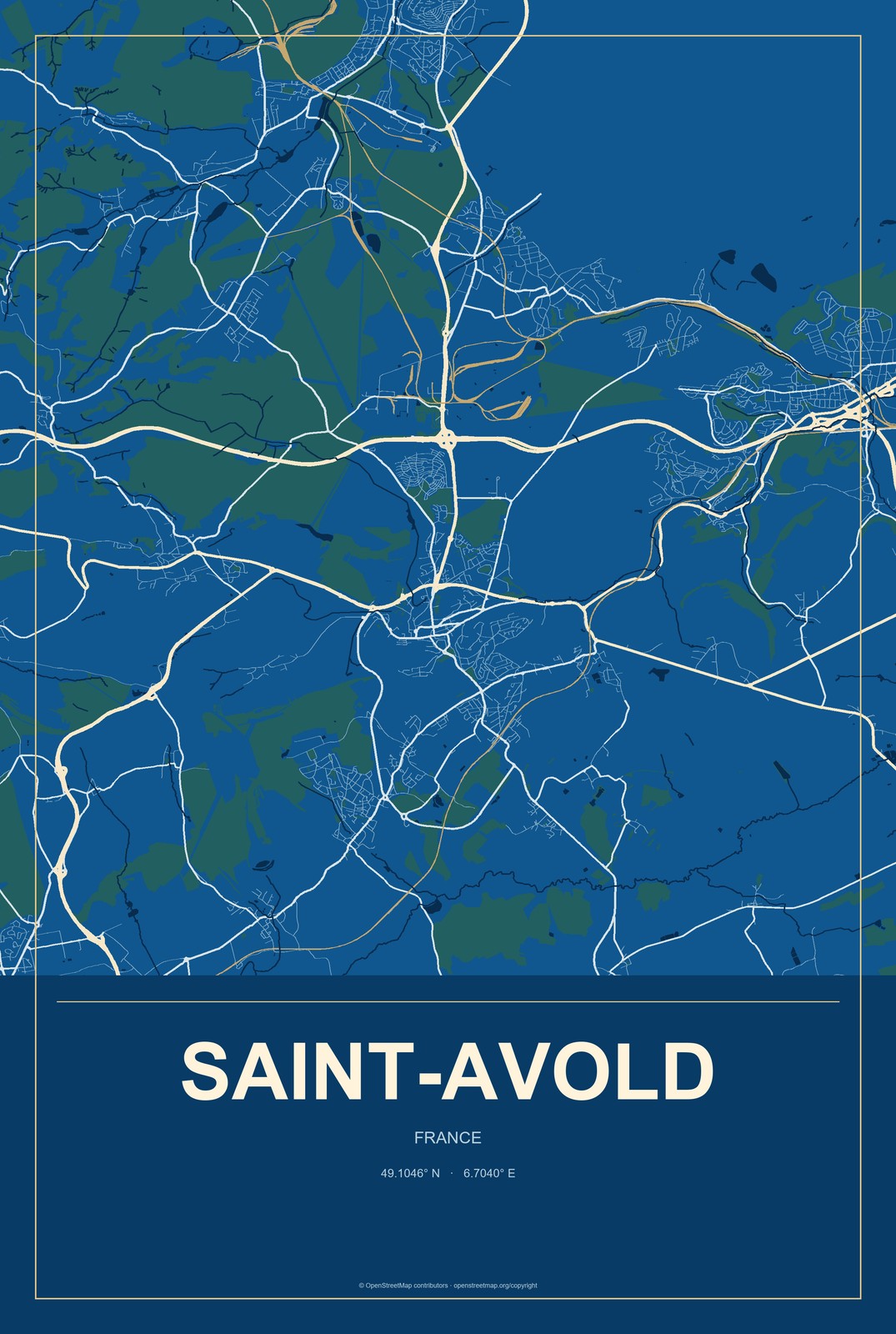 Saint-Avold, France City Map Aluminum Sign in Harbor Cobalt style