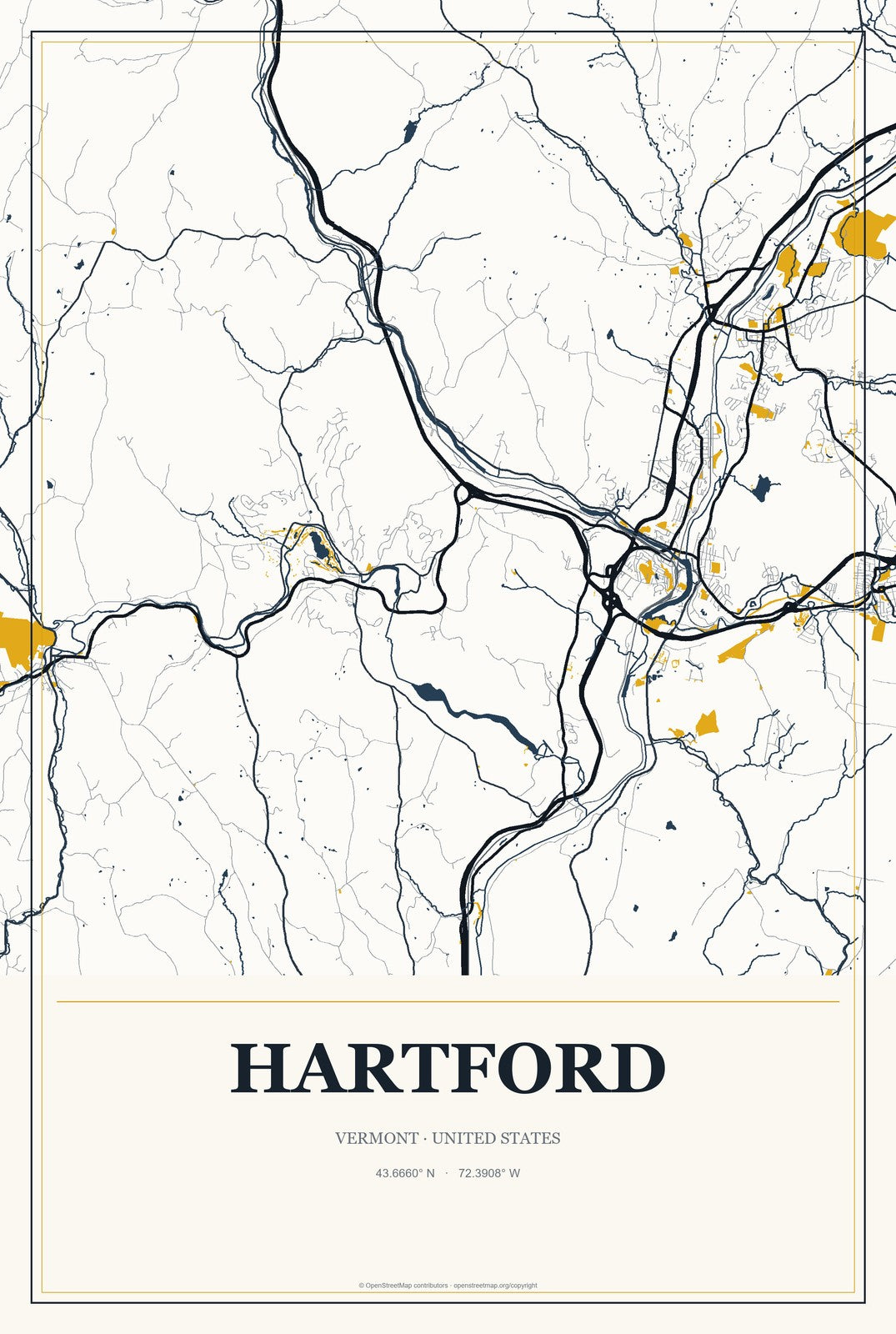 Hartford, Vermont City Map Aluminum Sign in Citrine Modern style