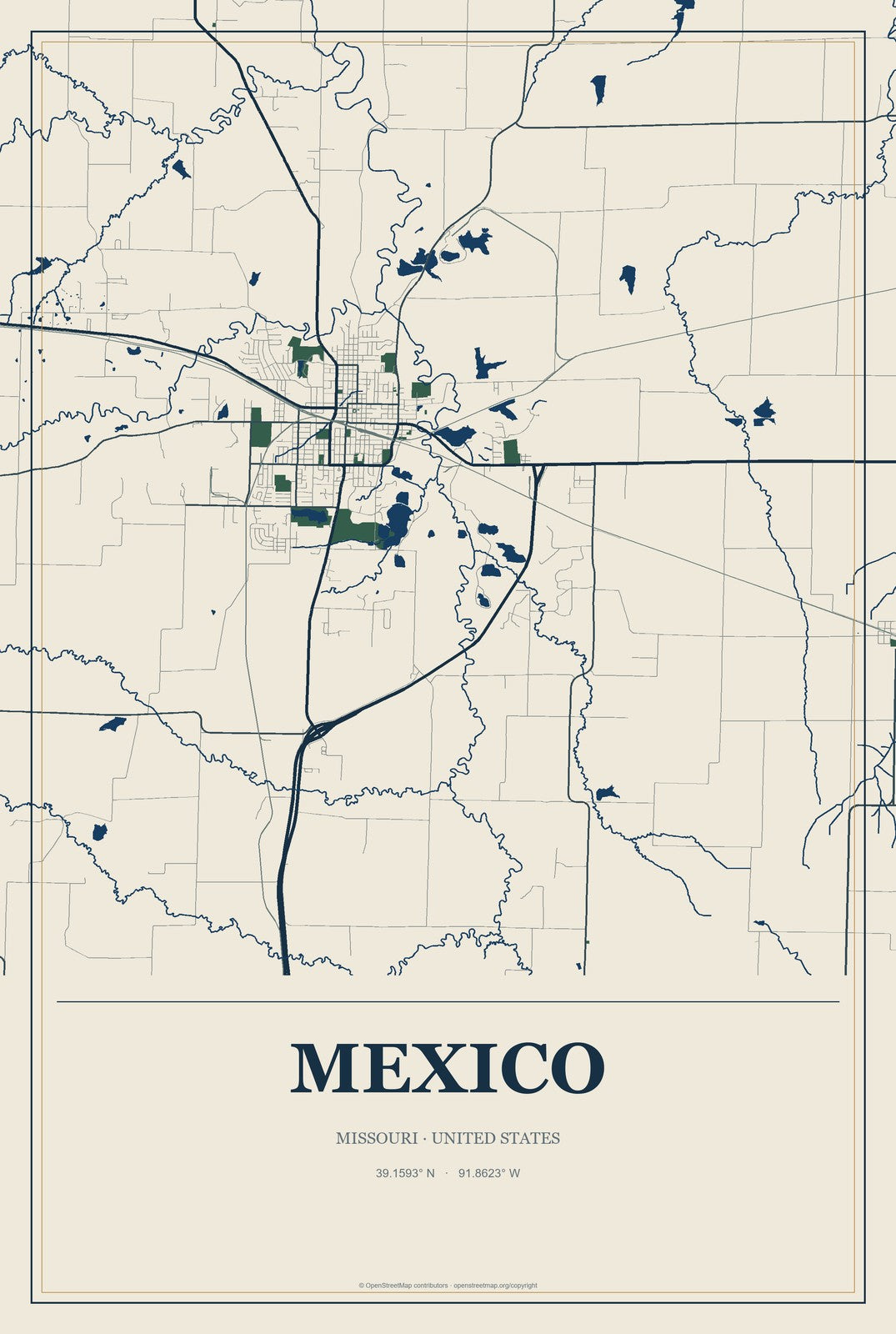 Mexico, Missouri City Map Aluminum Sign in Coastal Cutout style