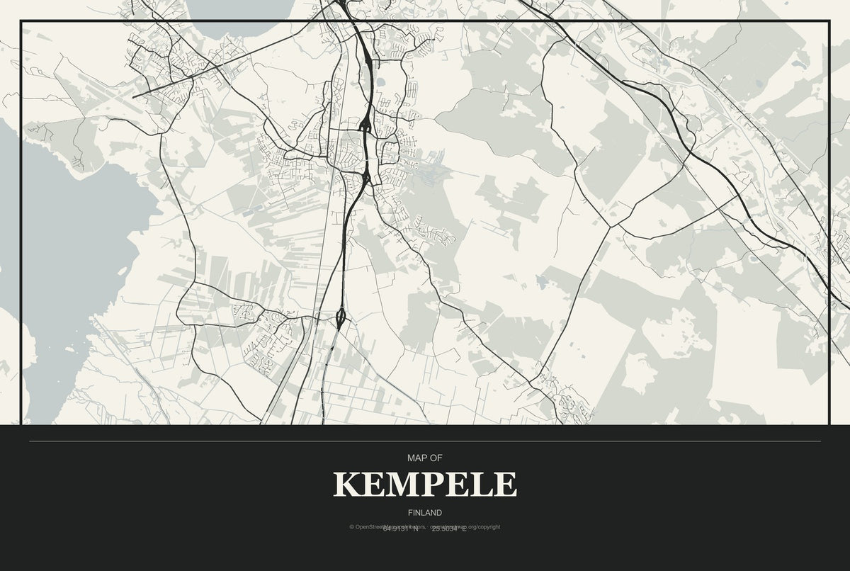 Kempele, Finland City Map Aluminum Sign in Museum Plaque style