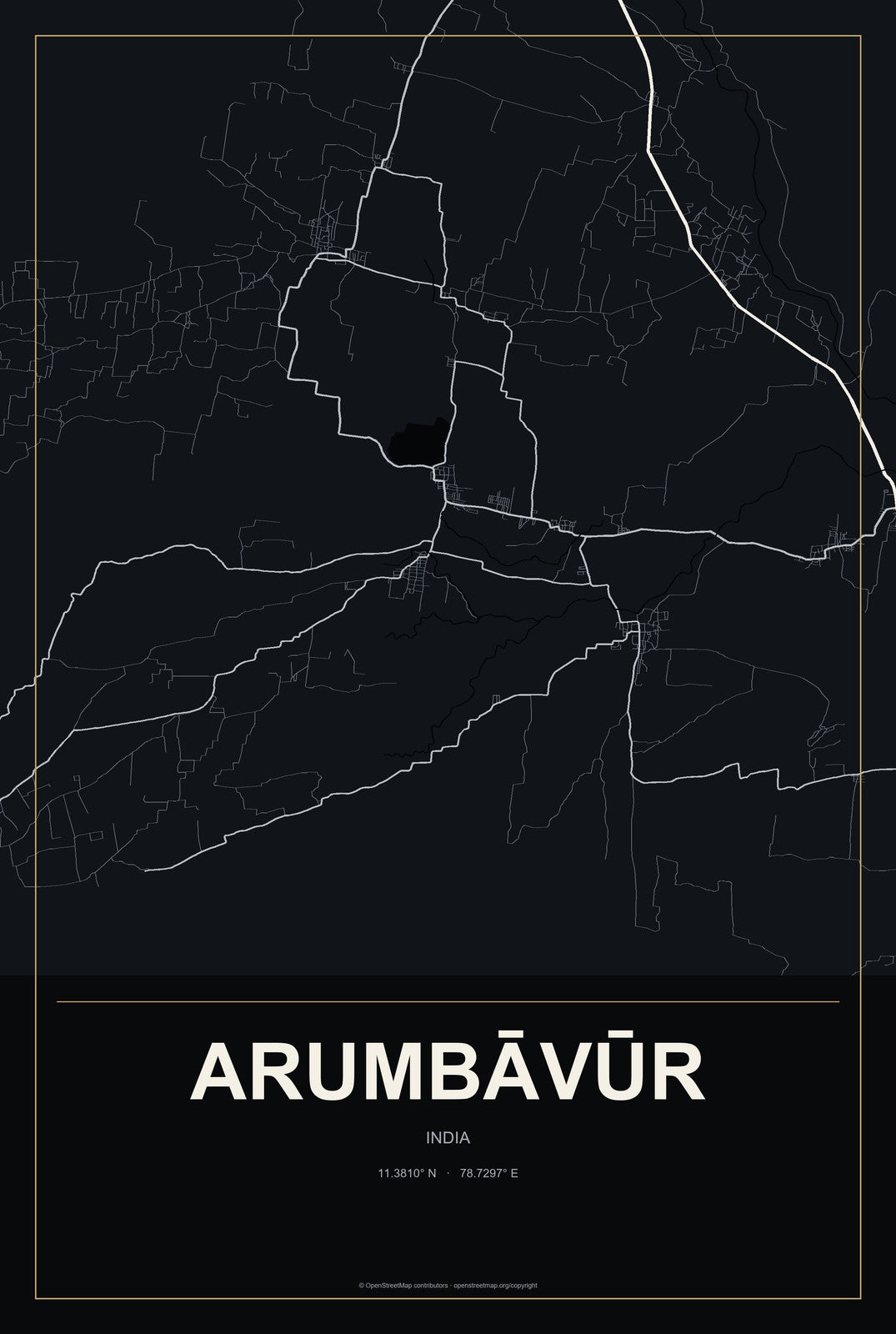 Arumbāvūr, India City Map Aluminum Sign in Metropolitan Noir style
