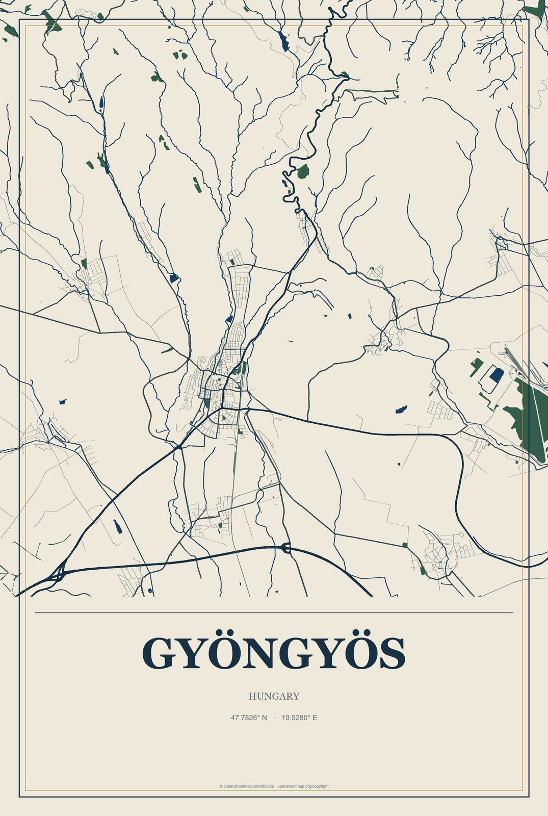Gyöngyös, Hungary City Map Aluminum Sign in Coastal Cutout style