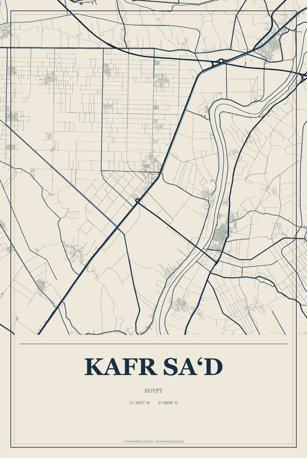 Kafr Sa‘d, Egypt City Map Aluminum Sign in Coastal Cutout style