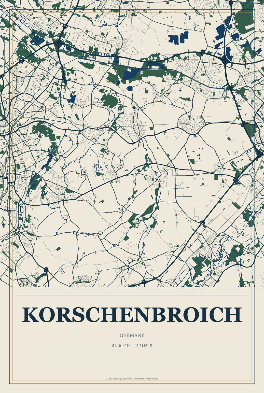 Korschenbroich, Germany City Map Aluminum Sign in Coastal Cutout style