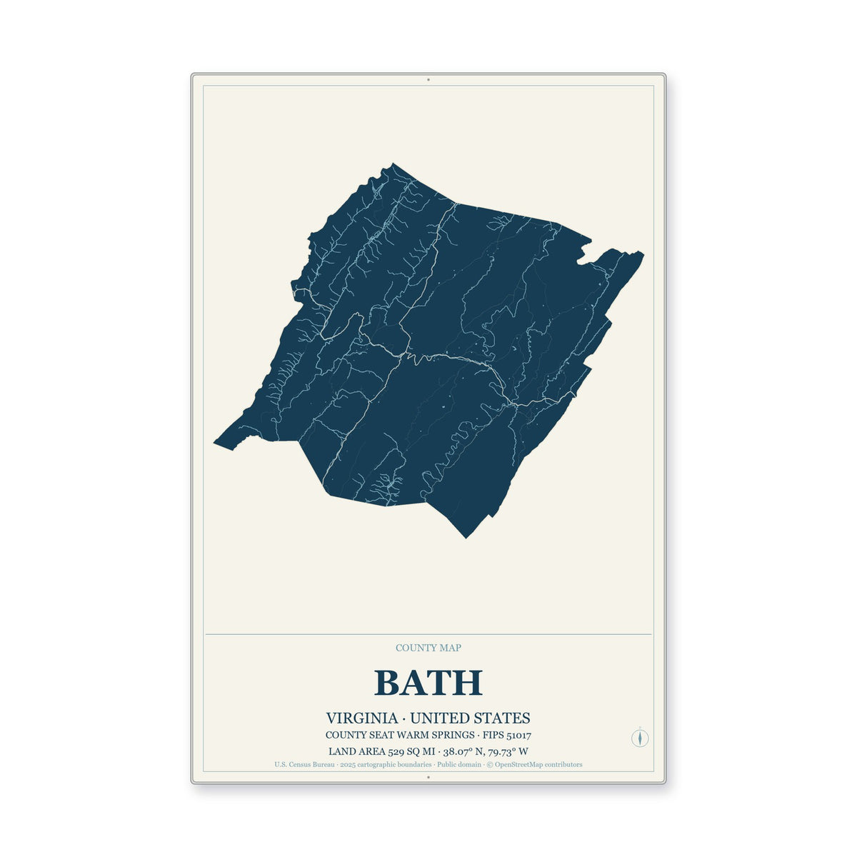 Bath County, Virginia Map Aluminum Sign in Coastal Cutout style