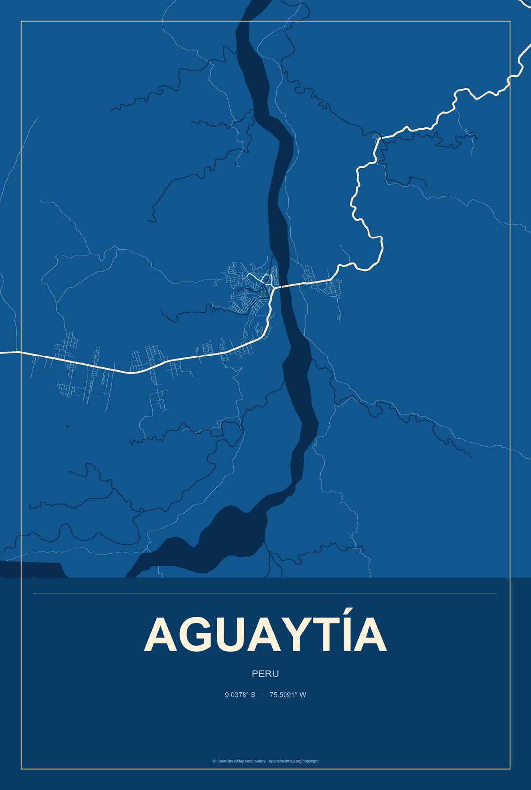 Aguaytía, Peru City Map Aluminum Sign in Harbor Cobalt style