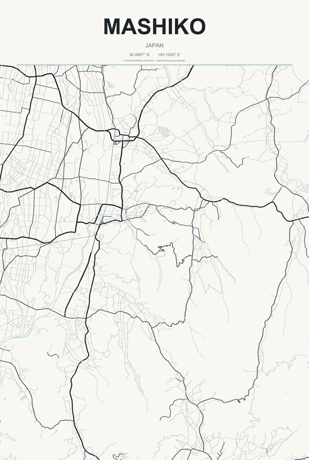 Mashiko, Japan City Map Aluminum Sign in Headline Atlas style