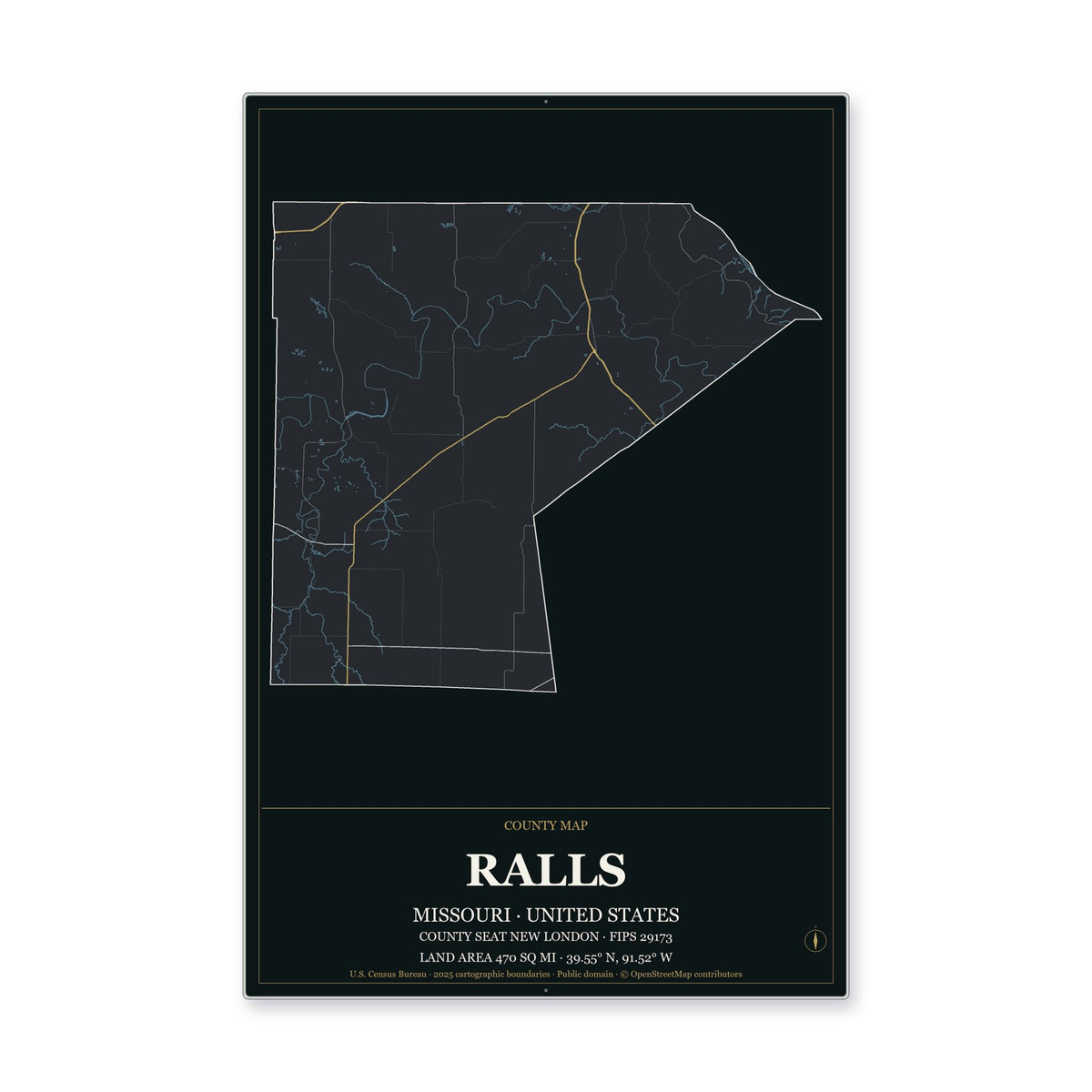 Ralls County, Missouri Map Aluminum Sign in Metropolitan Noir style