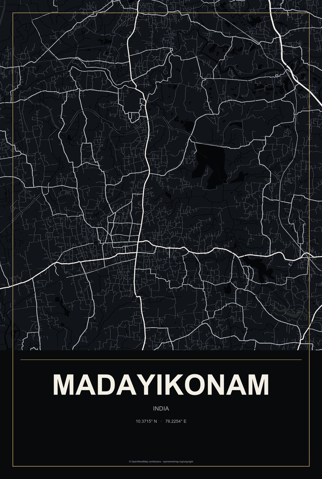 Madayikonam, India City Map Aluminum Sign in Metropolitan Noir style