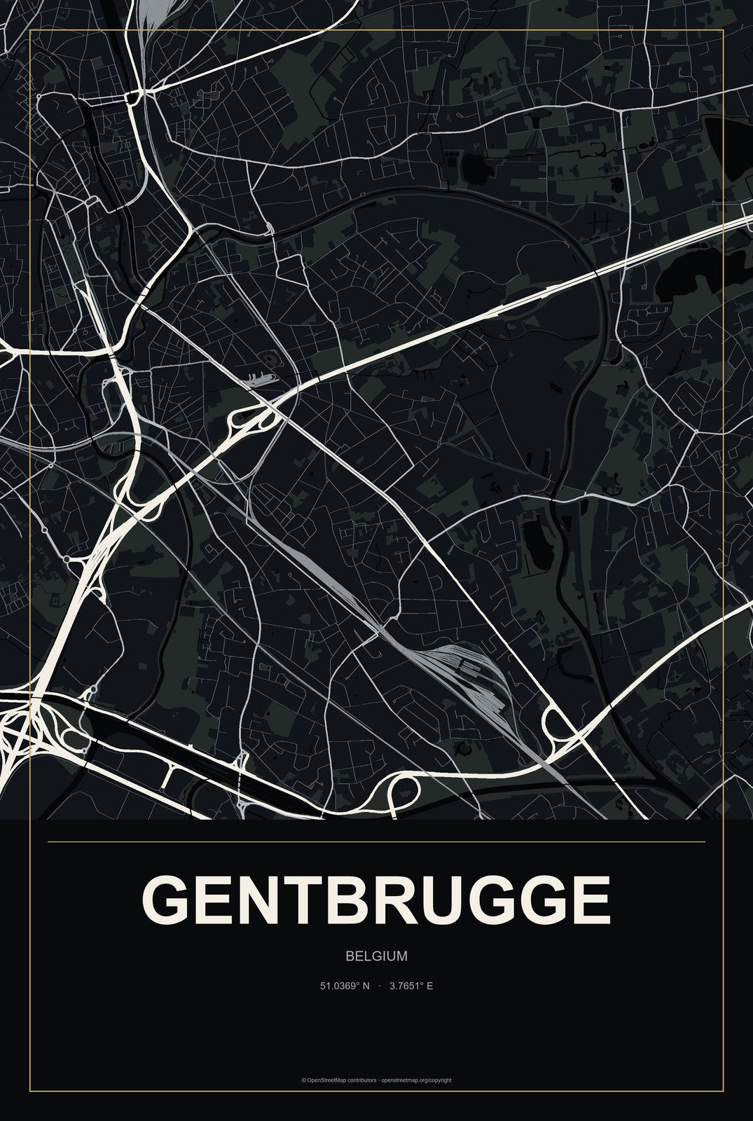 Gentbrugge, Belgium City Map Aluminum Sign in Metropolitan Noir style