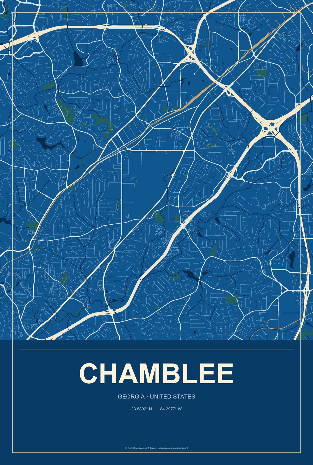 Chamblee, Georgia City Map Aluminum Sign in Harbor Cobalt style