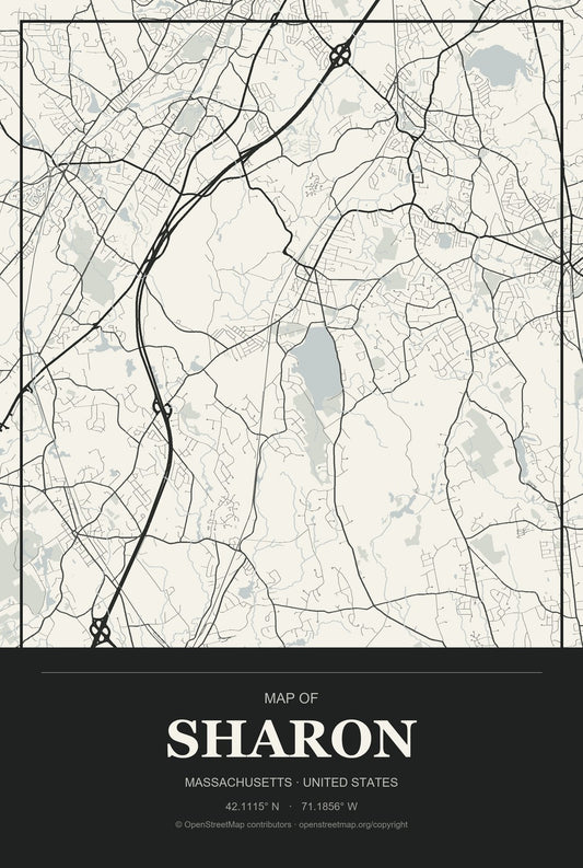 Sharon, Massachusetts City Map Aluminum Sign in Museum Plaque style