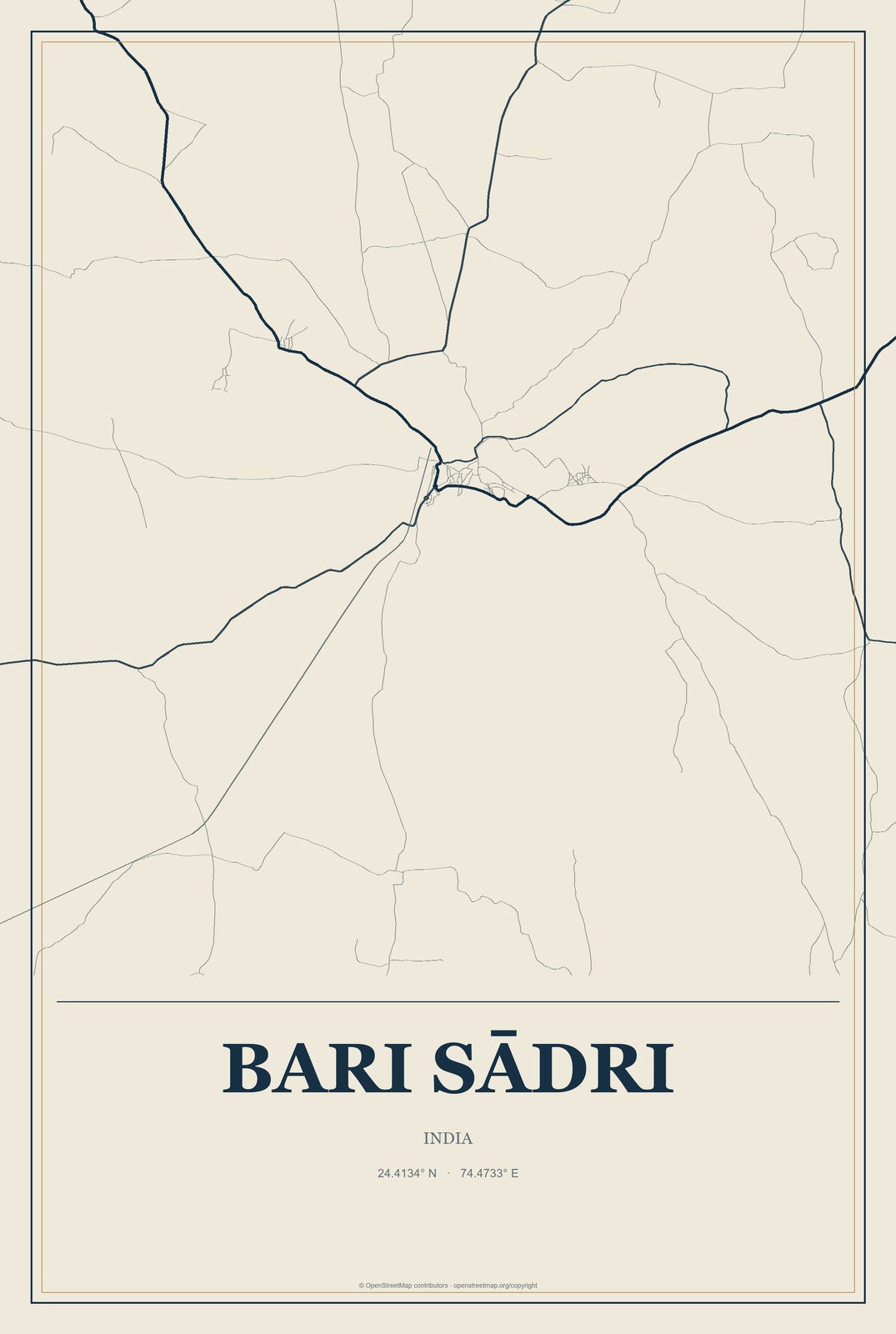 Bari Sādri, India City Map Aluminum Sign in Coastal Cutout style