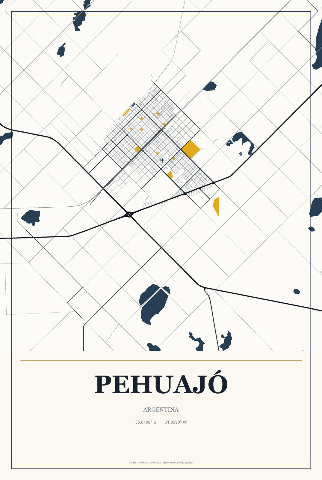 Pehuajó, Argentina City Map Aluminum Sign in Citrine Modern style