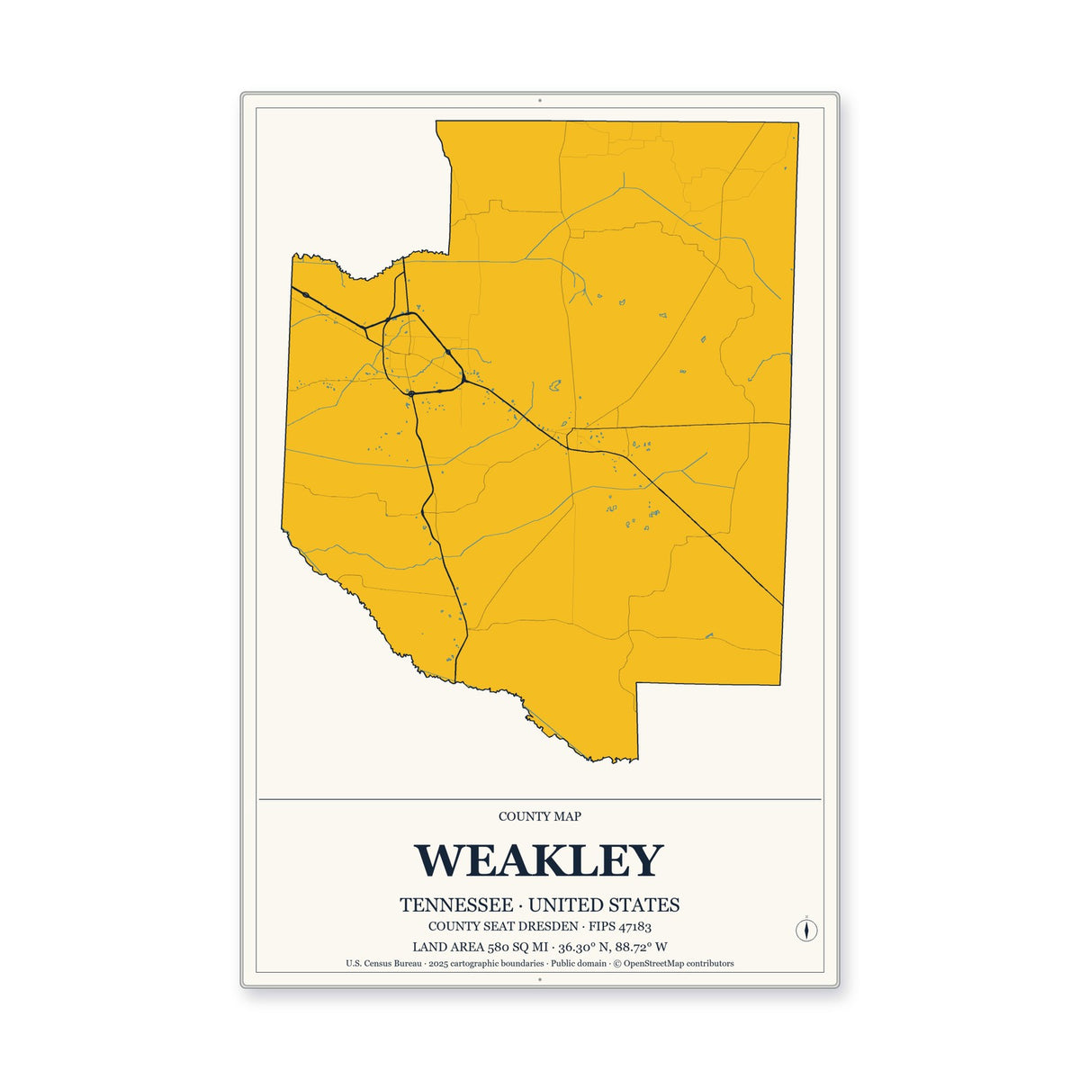 Weakley County, Tennessee Map Aluminum Sign in Citrine Modern style